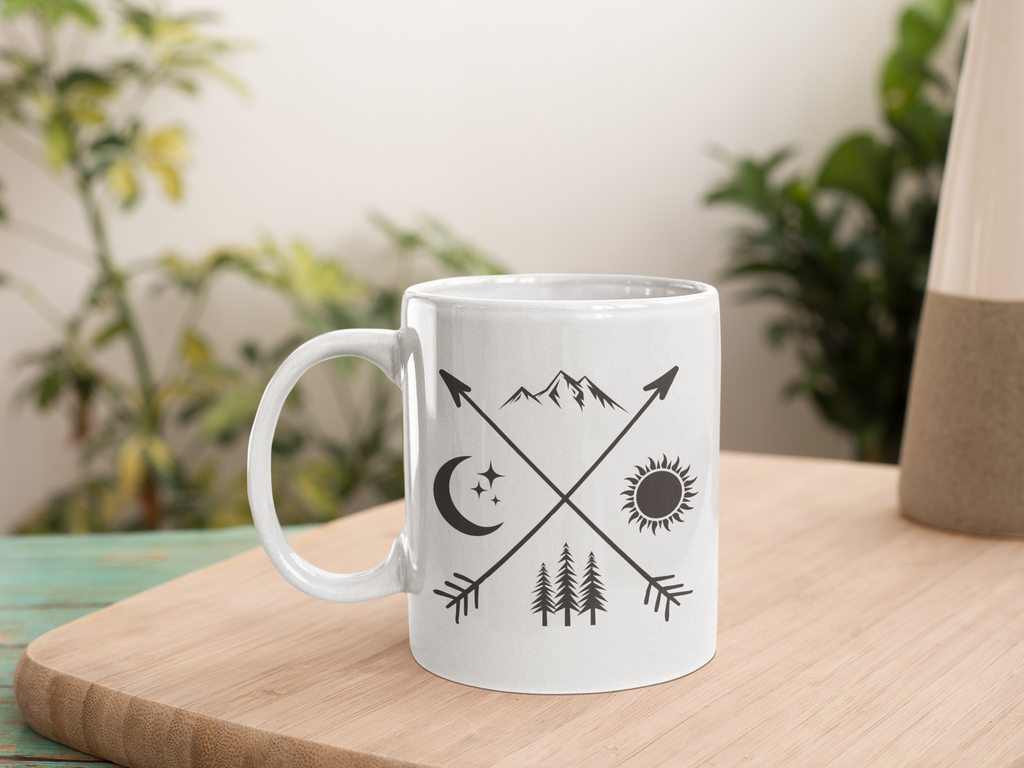 Arrows Mountains Trees Sun Moon Camping Coffee Mug Gift 11 oz. Coffee Cup